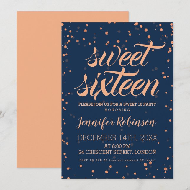 Rose Gold Navy Sweet 16 Glitter Konfetti Inbjudningar (Fram/baksida)