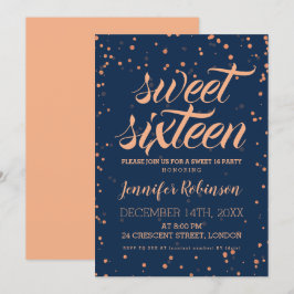 Rose Gold Navy Sweet 16 Glitter Konfetti Inbjudningar