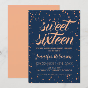 Rose Gold Navy Sweet 16 Glitter Konfetti Inbjudningar