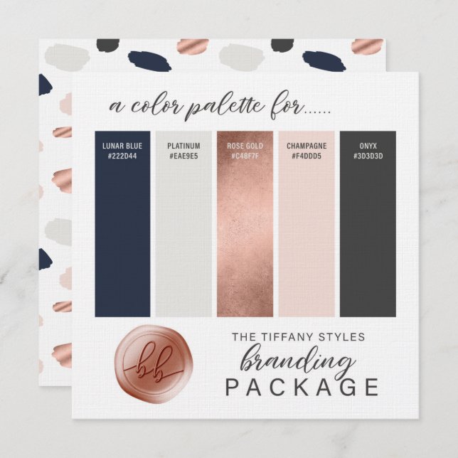 Rose Gold Navyblå & Blush Färgpalettkort Inbjudningar (Fram/baksida)