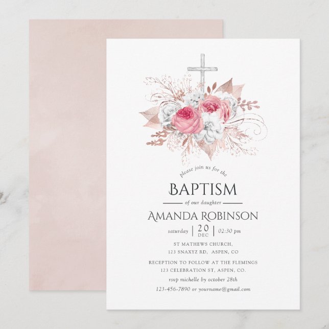 Rose Gold och Blush Blommig Dopceremoni Inbjudningar (Fram/baksida)