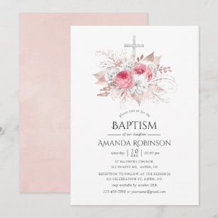 Rose Gold och Blush Blommig Dopceremoni Inbjudningar