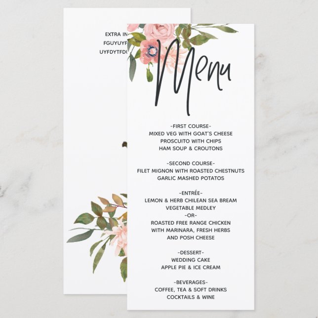 Rose Gold och Blush Blommig Meny (Fram/baksida)