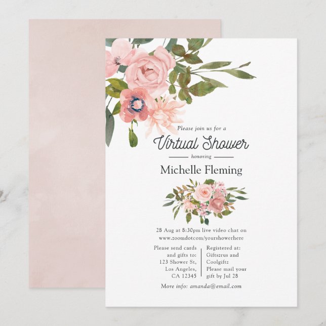 Rose Gold och Blush Blommig Virtuell Bebisfest Inbjudningar (Fram/baksida)