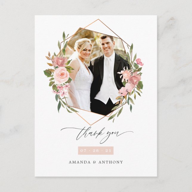 Rose Gold och Blush Geometrisk Bröllopsfoto Vykort (Framsida)