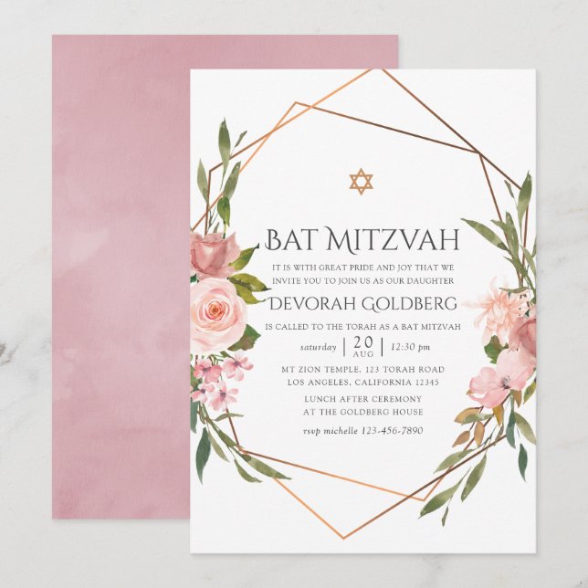 Rose Gold och Blush Rosa Blommig Bat Mitzvah Inbjudningar (Fram/baksida)