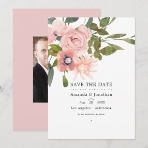 Rose Gold och Blush Rosa Blommig Bröllopsfoto Spara Datumet