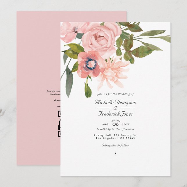 Rose Gold och Blush Rosa Blommig QR-kod Bröllop Inbjudningar (Fram/baksida)