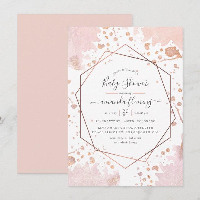 Rose Gold och Blush Rosa Geometrisk Bebis Shower Inbjudningar (Fram/baksida)
