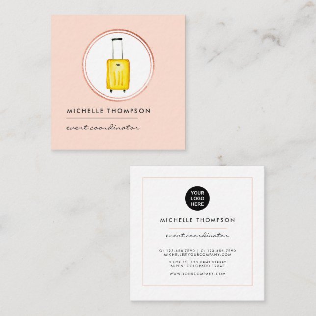 Rose Gold och Blush Rosa Logotyp Resa Fyrkantigt Visitkort (Fram/baksida)