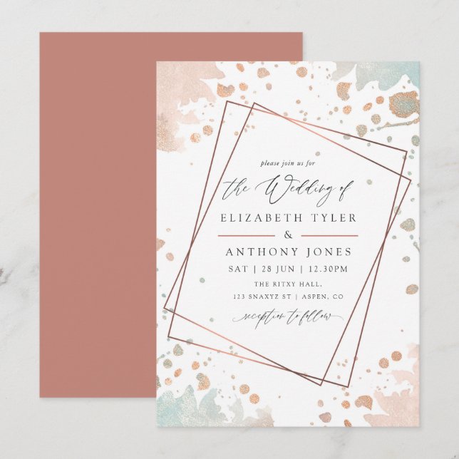 Rose Gold och Blush Rosa Målad Geometrisk Bröllops Inbjudningar (Fram/baksida)