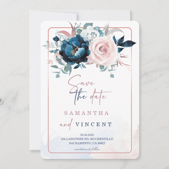 Rose Gold och Navy Blue Spara datum Mall (Framsida)