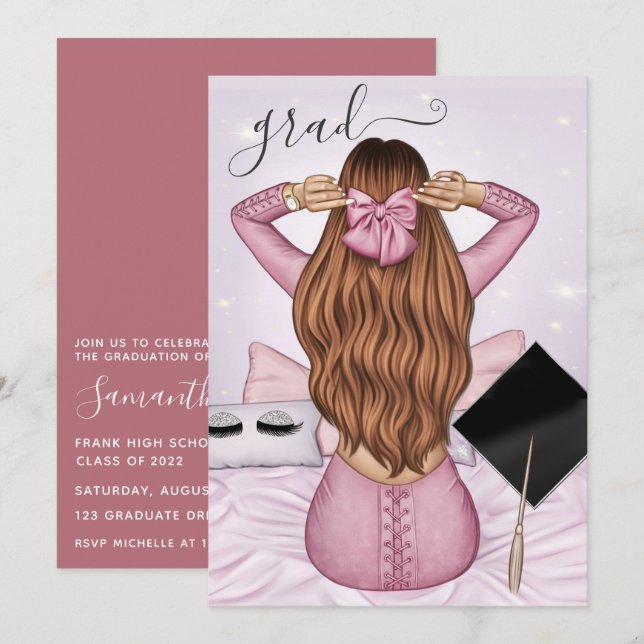 Rose Gold och Rosa Ginger Tjej Studentfirande Inbjudningar (Fram/baksida)