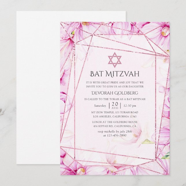 Rose Gold och Rosa Magnolia Geometrisk Bat Mitzvah Inbjudningar (Fram/baksida)