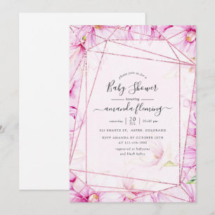 Rose Gold och Rosa Magnolia Geometrisk Bebis Showe Inbjudningar