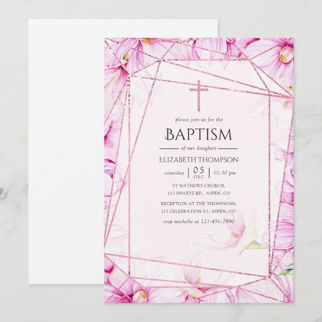 Rose Gold och Rosa Magnolia Geometrisk Dopceremoni Inbjudningar (Fram/baksida)