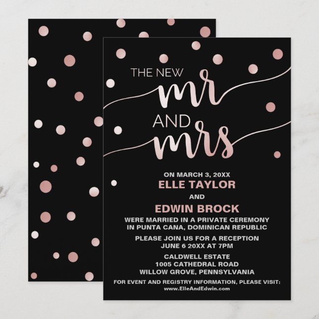 Rose Gold och Svart | Glamour-Elopement-mottagning Inbjudningar (Fram/baksida)