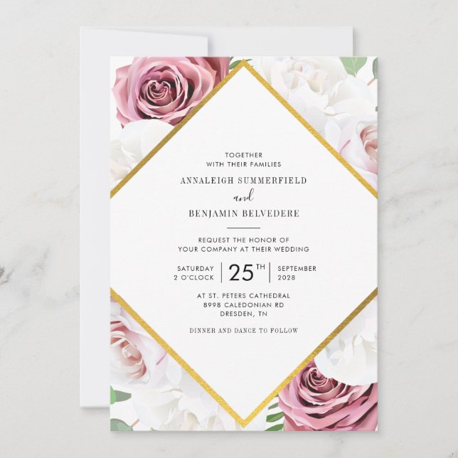 Rose Gold och Vita Blommiga Guld Geometriska Bröll Inbjudningar (Framsida)