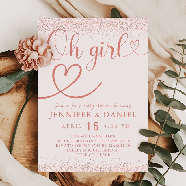 Rose Gold Oh Girl Blush Konfetti Script Inbjudningar (Skapare uppladdad)