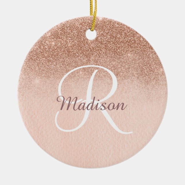 Rose Gold Ombre Personlig Monogram Glitter Julgransprydnad Keramik (Framsidan)