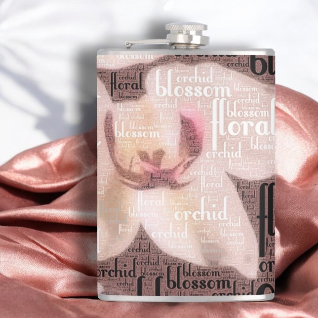 Rose Gold Orkidé Blommig Blomster Collage Fickplunta (8 oz flask front word cloud orchid design)