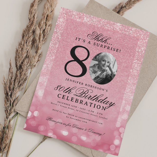 Rose Gold ÖVERRASKNING Foto Glam 80-årsdag  Inbjudningar (Rose Gold SURPRISE Photo Glam 80th Birthday Invitation)