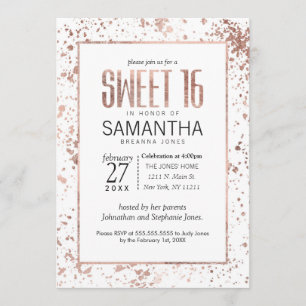 Rose Gold Paint Splatters Söta 16 Inbjudningar