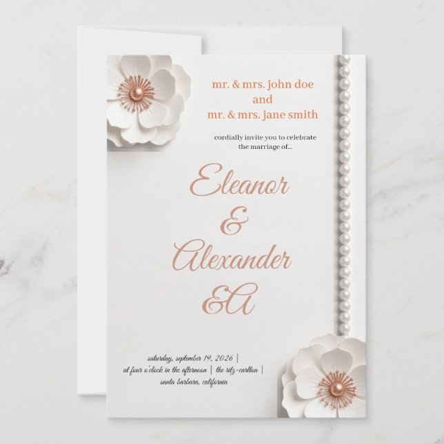 Rose Gold Pärla Blommig Bröllopsinbjudan Kort (Framsida)