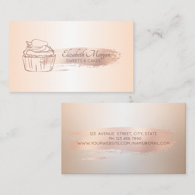 Rose Gold Penseldrag Glitter Cupcake Visitkort (Fram/baksida)