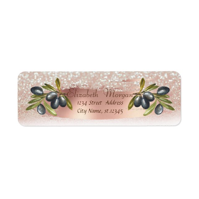 Rose Gold Penseldrag,Olivgren,Glitter Bokeh  Returadress Etikett (Framsidan)