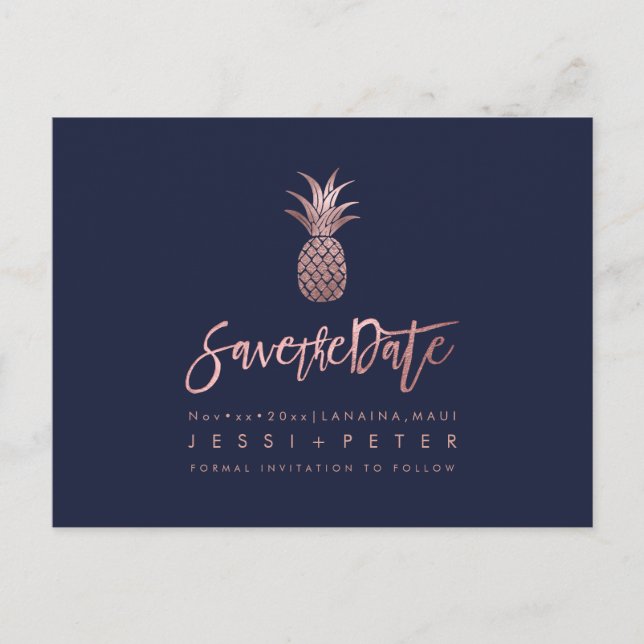 Rose Gold Pineapple+DIY Bakgrund Navyblå Meddelande Vykort (Framsida)