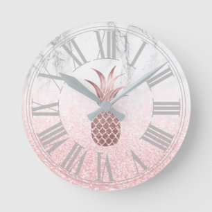 Rose Gold Pineapple+Snow Bokeh+Marbl Rund Klocka