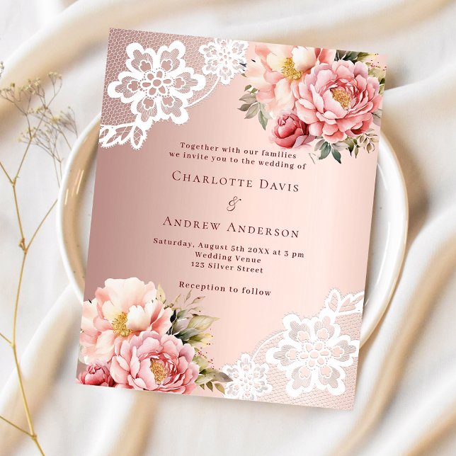 Rose gold pink florals lace wedding invitation (Skapare uppladdad)