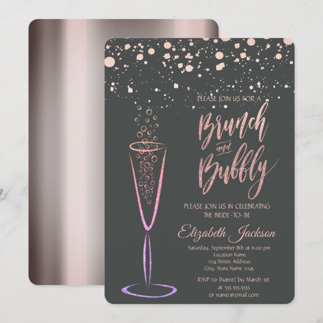 Rose Gold-prickar Champagneglas Bröllopsdusch Inbjudningar (Fram/baksida)