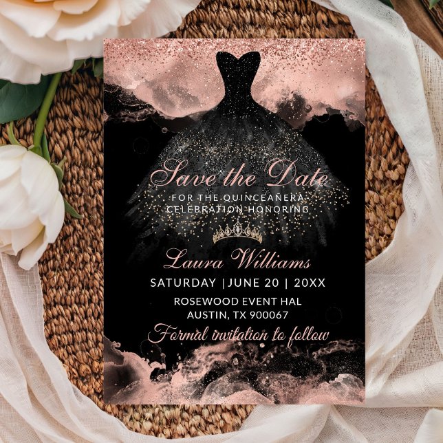 Rose Gold Princess Quinceañera Spara Datum (Rose gold & Black Princess Quinceañera birthhday save the date)