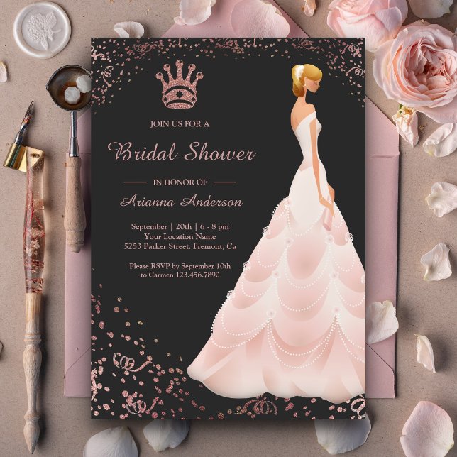Rose Gold Prinsessa Klänning Grå Bröllopsdusch Inbjudningar (Skapare uppladdad)