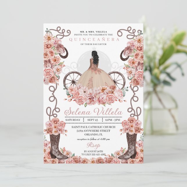 Rose Gold Prinsessa Klänning & Stövlar Quinceañera Inbjudningar (Stående Fram)