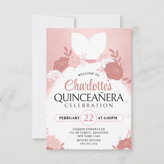 Rose Gold Quinceanera Blommig Prinsessklänning Inbjudningar (Framsida)