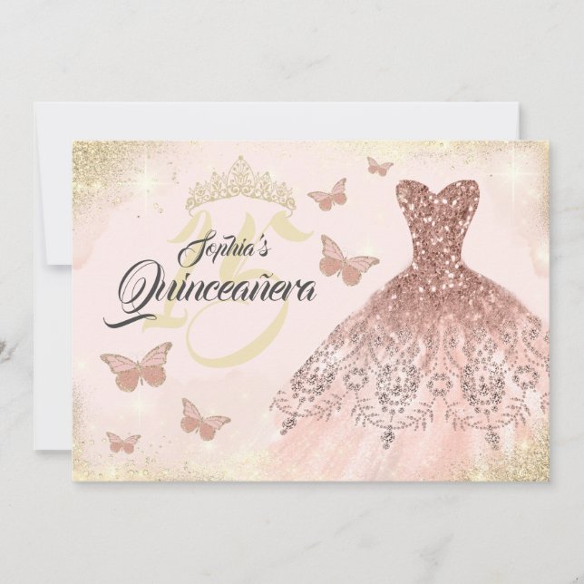 Rose Gold Quinceañera fjärilsklänning Inbjudningar (Framsida)