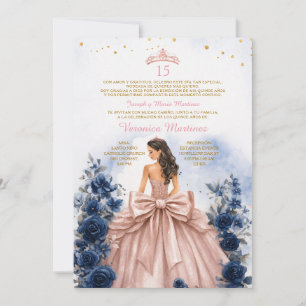 Rose Gold Quinceañera-inbjudan med marinblått Inbjudningar