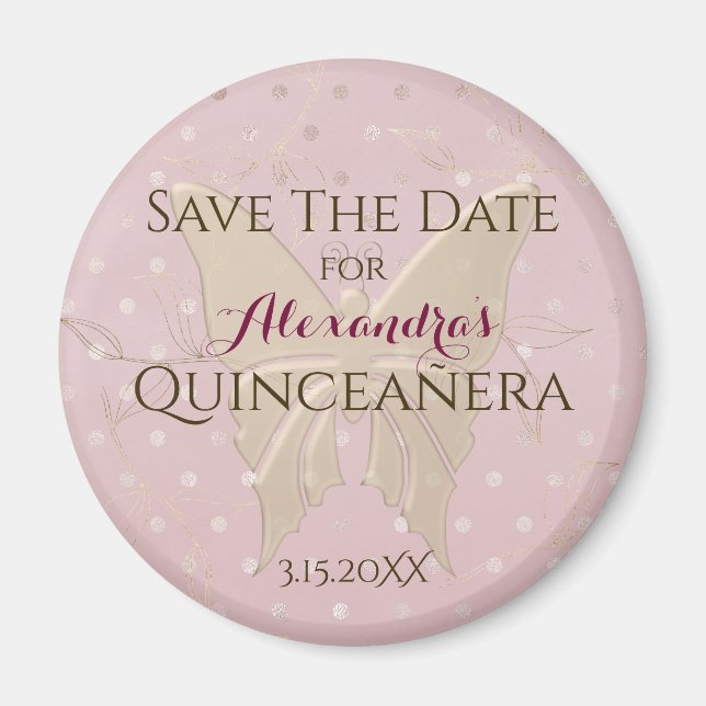 Rose Gold Quinceanera Spara Datum Magnet (Framsidan)