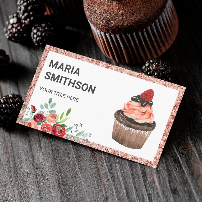 Rose Gold Röd Blommig Jordgubb Cupcake Bageri Visitkort (Skapare uppladdad)