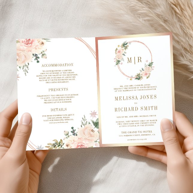 Rose Gold Röda Blommor QR-kod Bröllop Inbjudan (Skapare uppladdad)