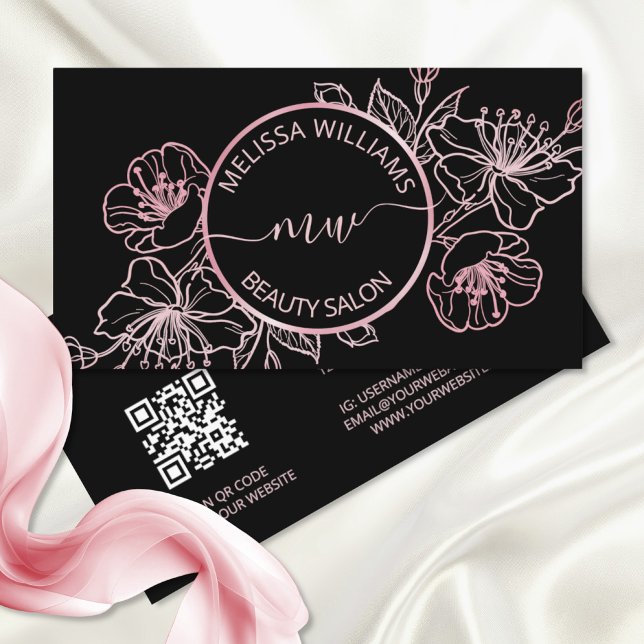 Rose Gold Röda kinder Rosa Svart Blommig | QR-kod Visitkort (Skapare uppladdad)