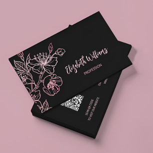 Rose Gold Röda Kindrosor Svart Blommig QR-kod Visitkort