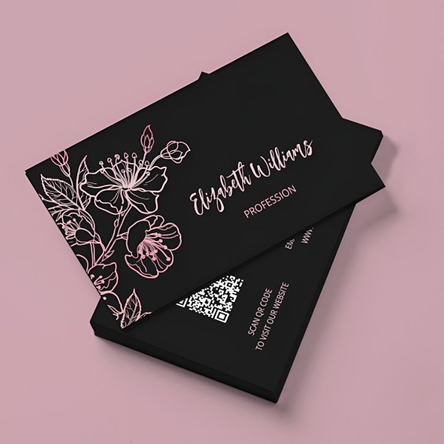 Rose Gold Röda Kindrosor Svart Blommig | QR-kod Visitkort (Skapare uppladdad)