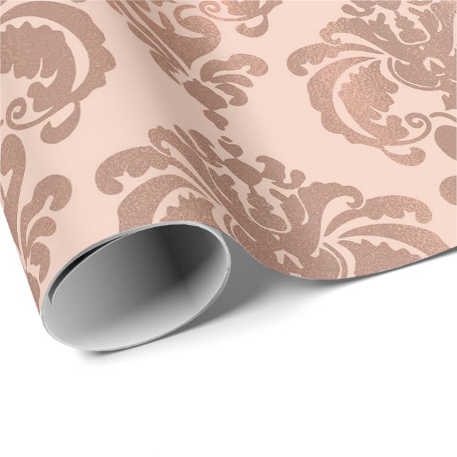 Rose Gold Röda Rosa Modern Glam Damast Presentpapper (Rullad Hörn)