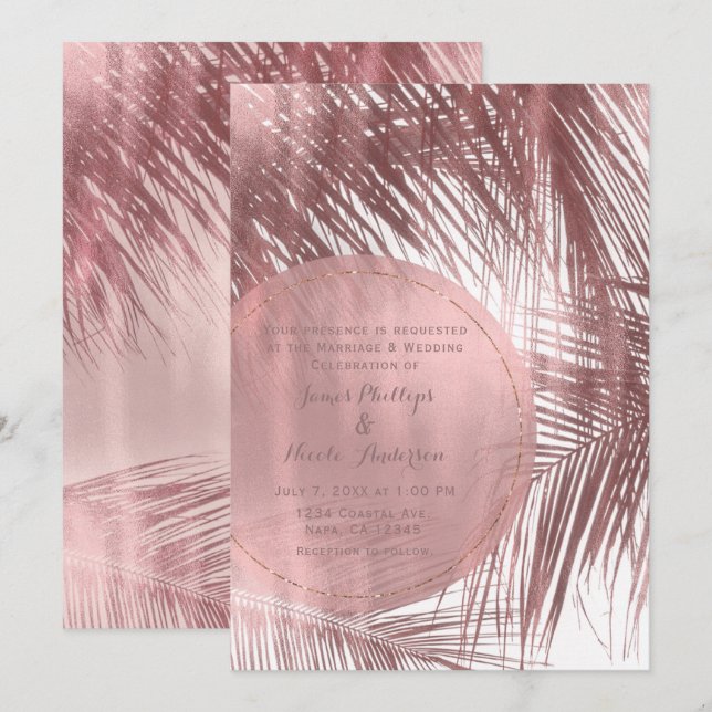 Rose Gold Röda Rosen Palmer Tropisk Bröllop Inbjudningar (Fram/baksida)