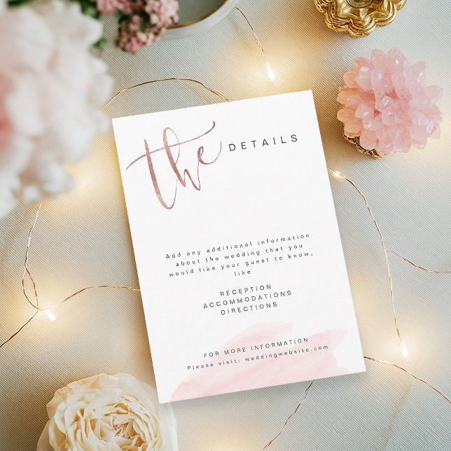 Rose Gold Rodnad Modern Enkel Bröllopsdetaljer Tilläggskort (Rose Gold Blush Modern Simple Wedding details Enclosure Card)