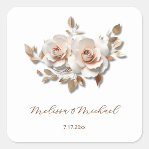 Rose Gold Rodnad Rosa 3D Rosor Dina Namn Bröllop Fyrkantigt Klistermärke